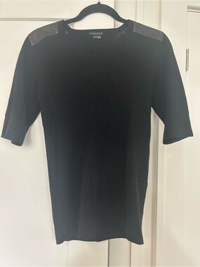 Theory Black Ribbed Short Sleeve Knit with Leather-Trim Shoulders